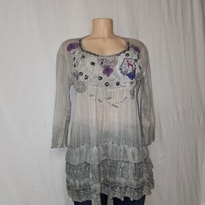 Sacred Thready Sz S Elegant Women's Gray and Purple Embellished Blouse